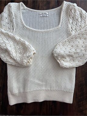 Anthropologie Cream Knit Puff-Sleeve Sweater